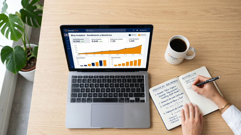 Equipo de marketing analizando los beneficios de un blog corporativo en una pantalla con métricas de tráfico y leads